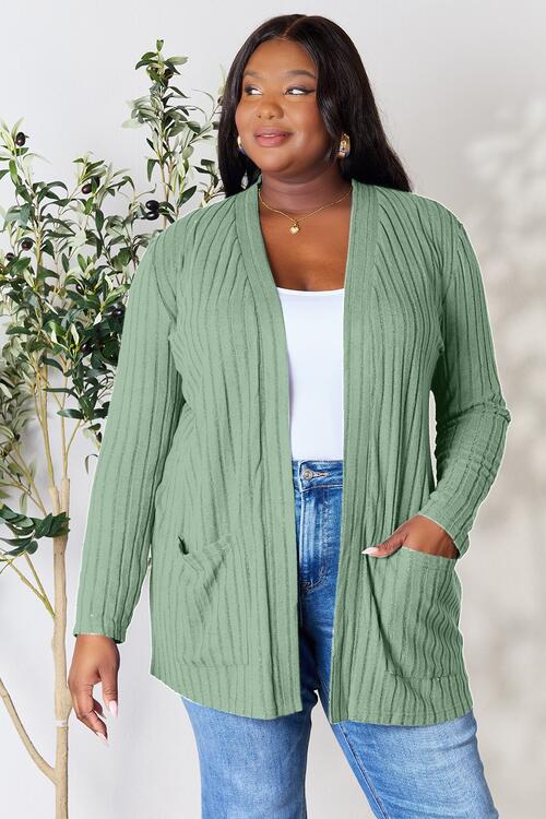 Blue Ribbed Open Front Cardigan with Pockets