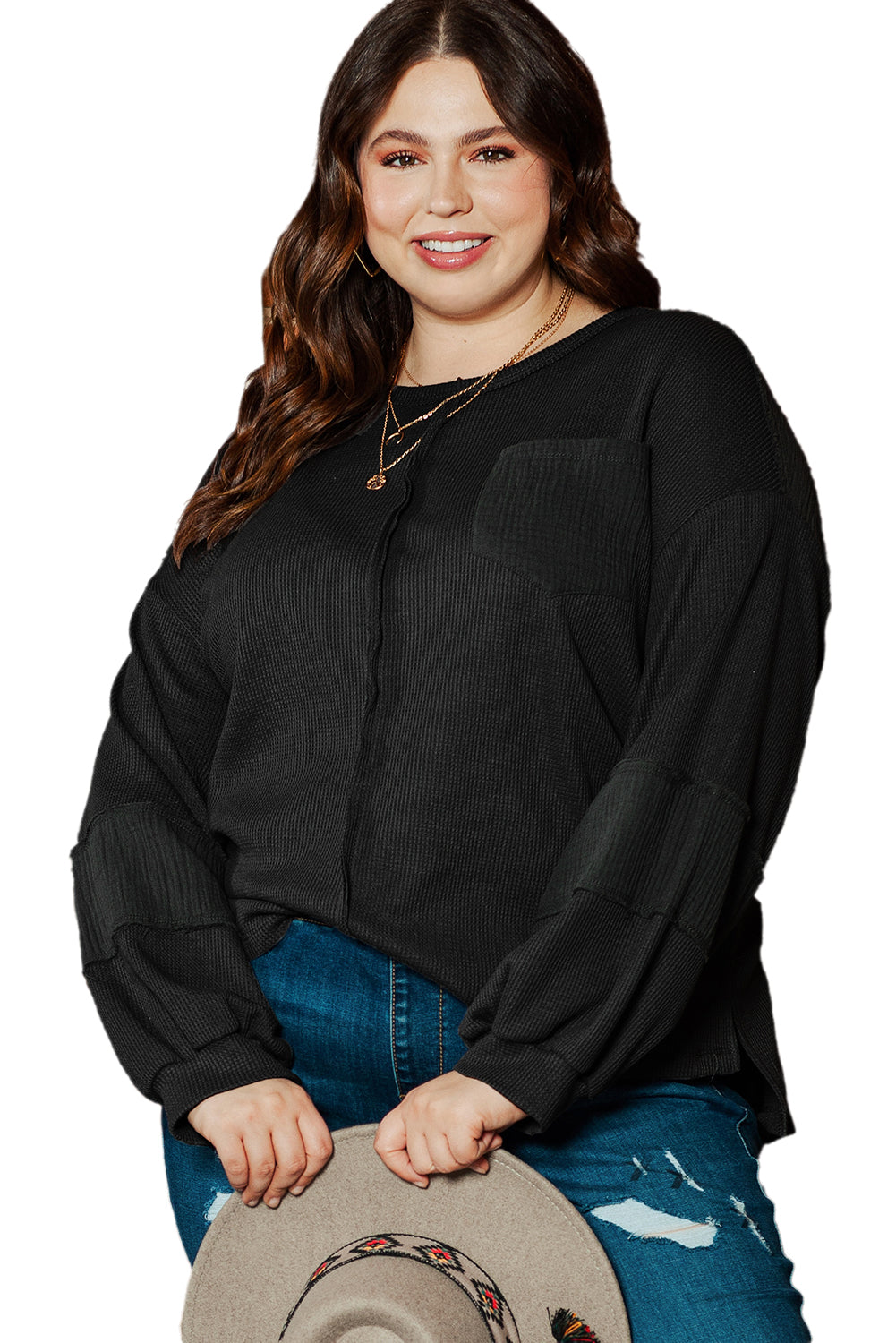 Black Plus Size Exposed Seam Crinkle Patchwork Top