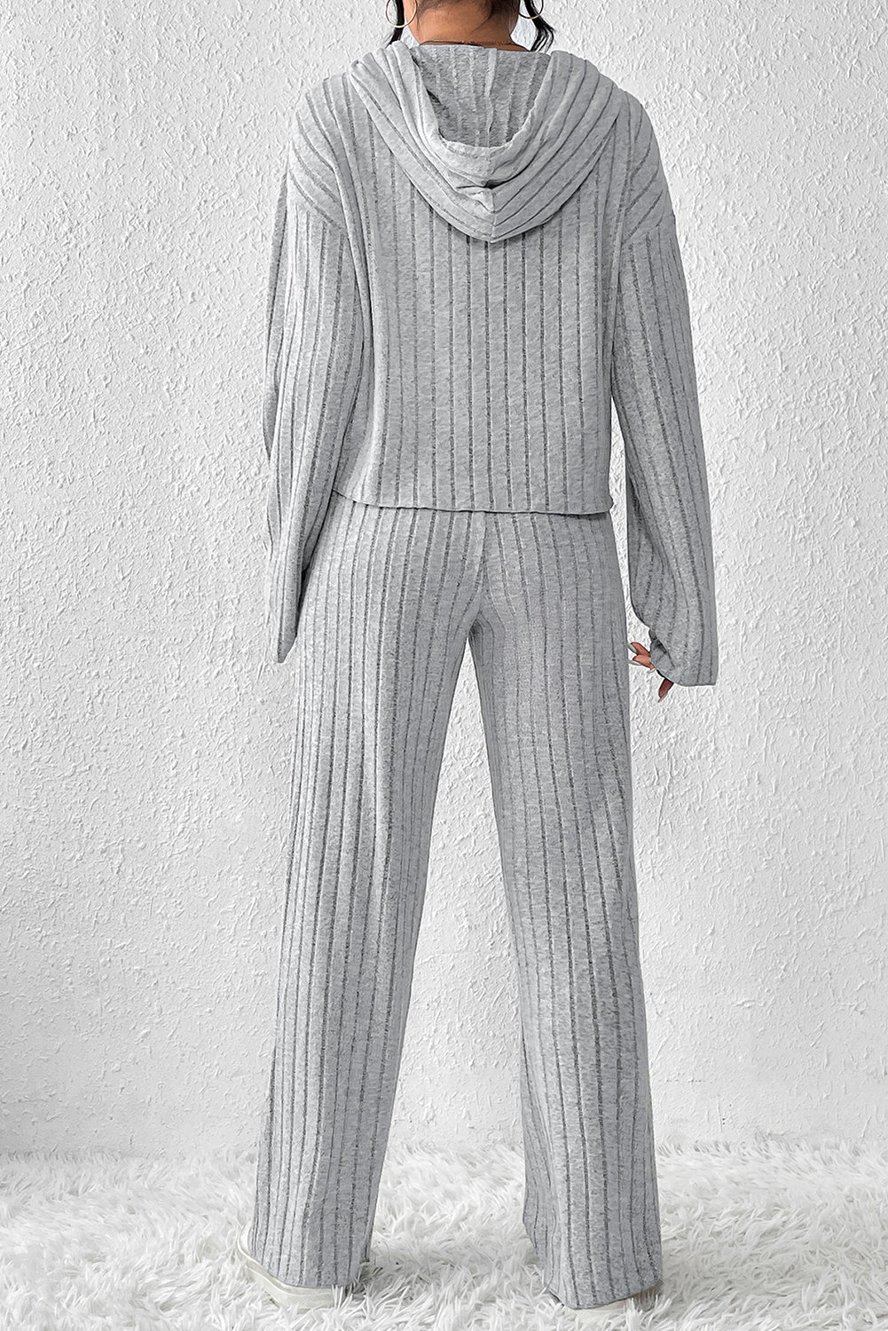 Gray Ribbed Knit Slouchy Hoodie Wide Leg Pants Set