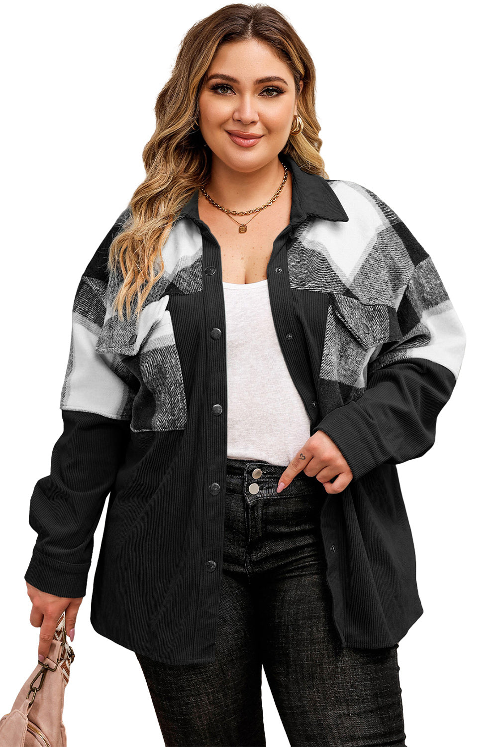 Black Plaid Patchwork Plus Size Corduroy Shacket