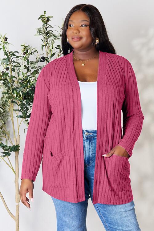 Blue Ribbed Open Front Cardigan with Pockets