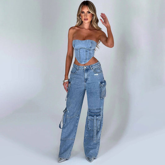 Low Waist Three-dimensional Pocket Stitching Jeans