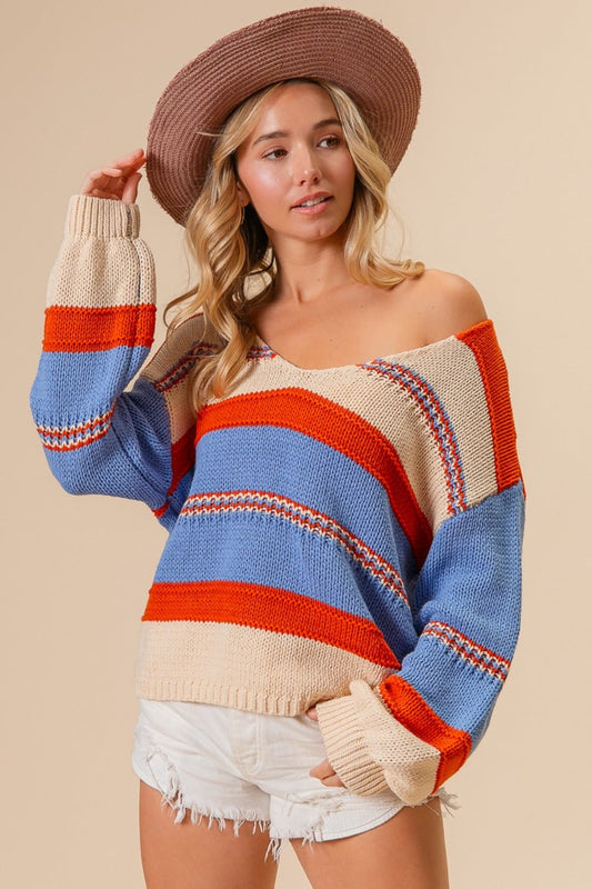 Baseball Multi Color Stripe Scoop Neck Sweater