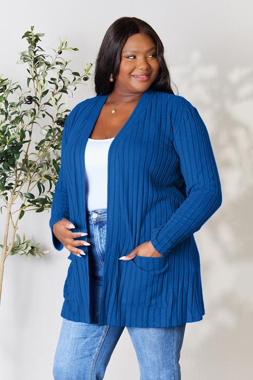 Blue Ribbed Open Front Cardigan with Pockets