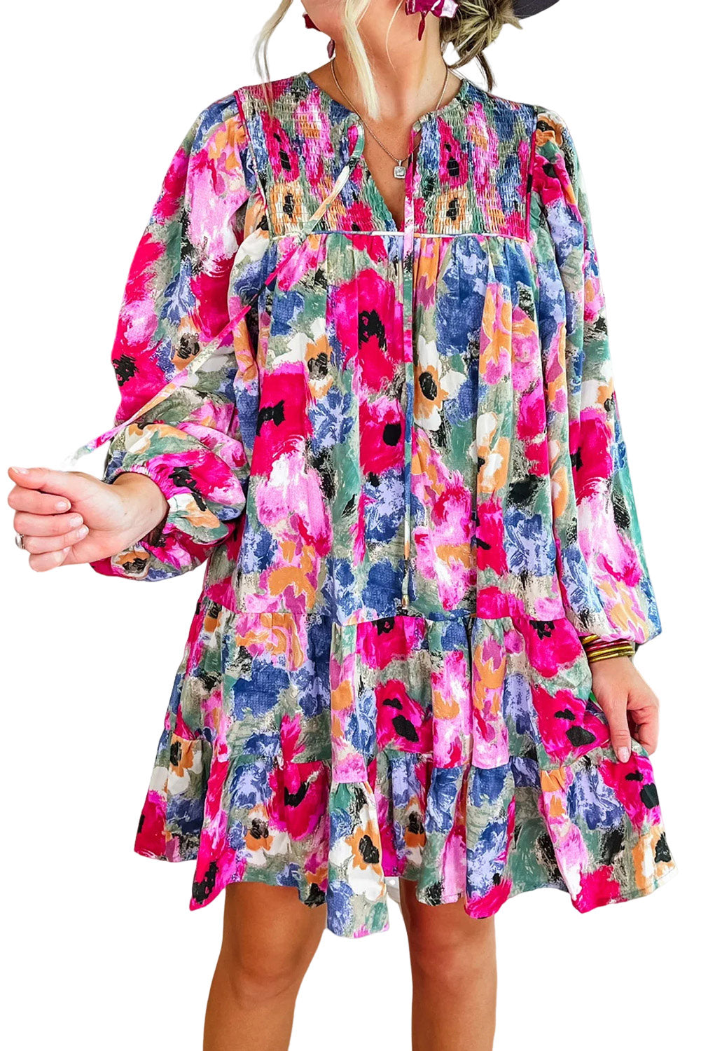 Multicolour Floral Tie Neck Bubble Sleeve Shift Dress