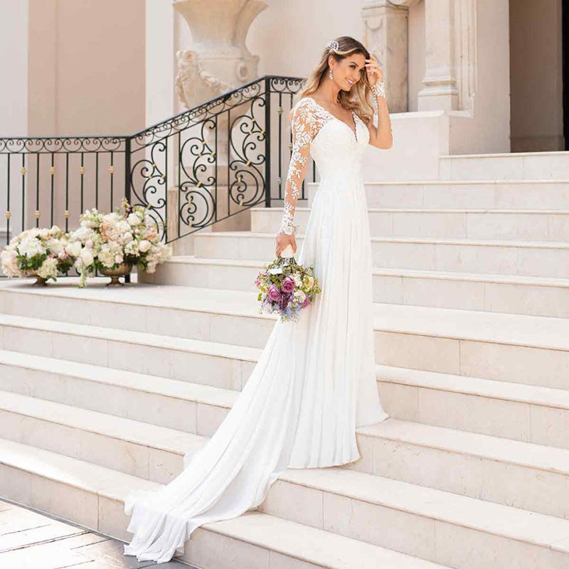 Backless Deep V-neck Wedding Dress Women White Evening Dress