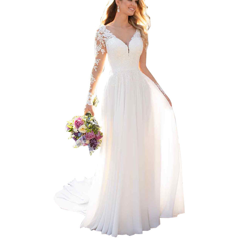 Backless Deep V-neck Wedding Dress Women White Evening Dress