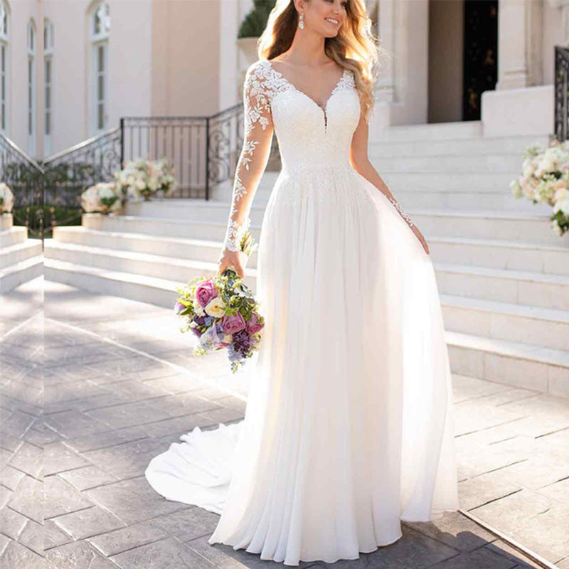 Backless Deep V-neck Wedding Dress Women White Evening Dress