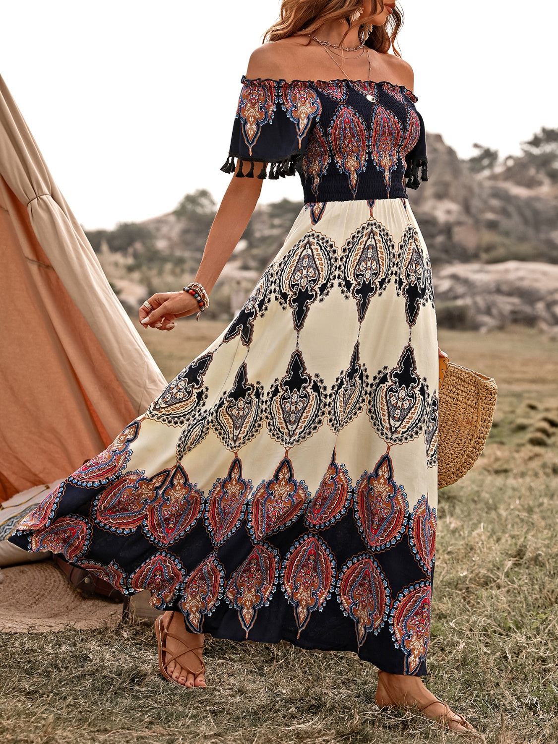 Bohemian Tassel Fringe  Off Shoulder Maxi Dress