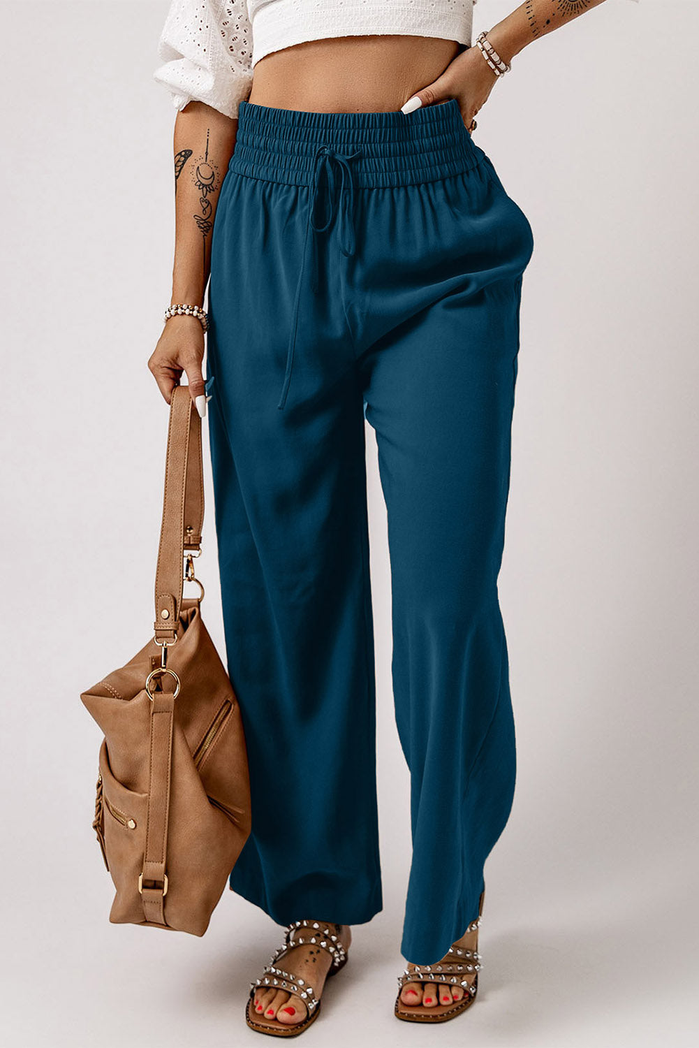 Blue Drawstring Elastic Waist Casual Wide Leg Pants