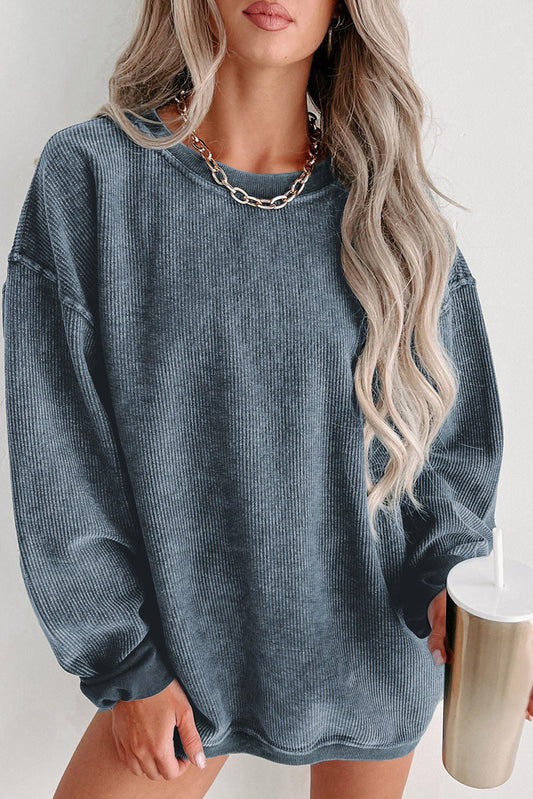 Blue Solid Ribbed Knit Round Neck Pullover Sweatshirt