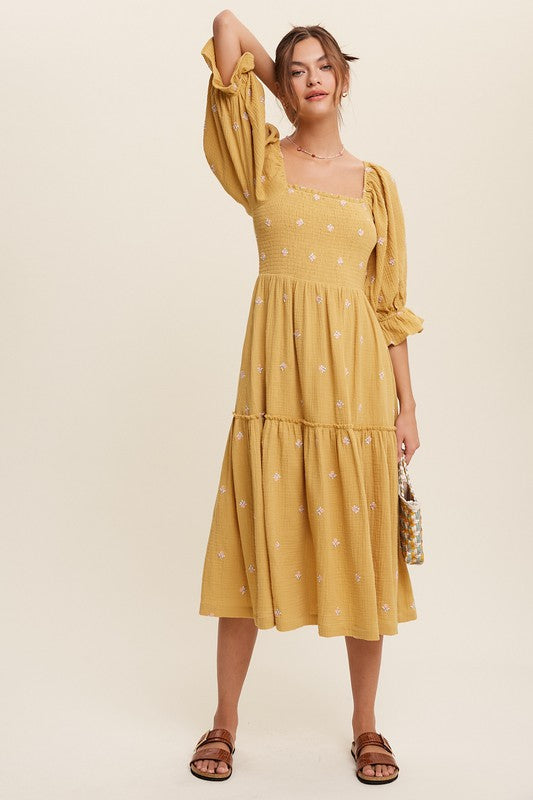 Ditzy Floral Embroidery Puff Sleeve Maxi Dress