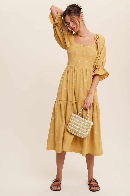 Ditzy Floral Embroidery Puff Sleeve Maxi Dress