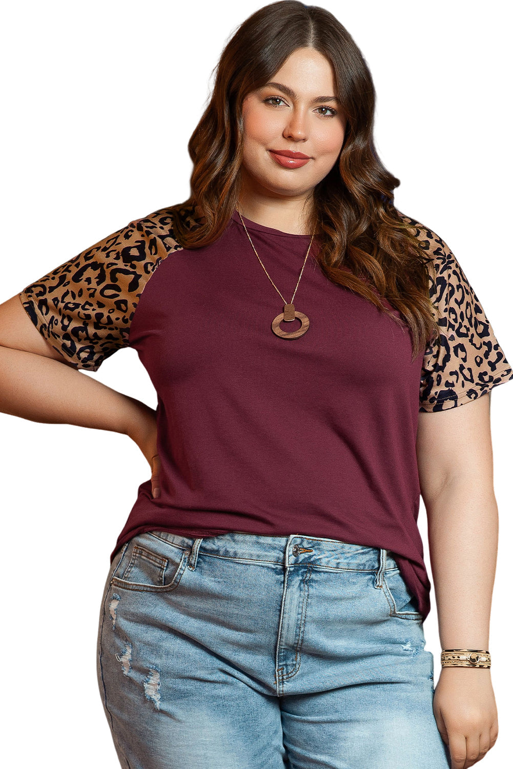 Burgundy Contrast Leopard Raglan Sleeve Plus Size T-shirt