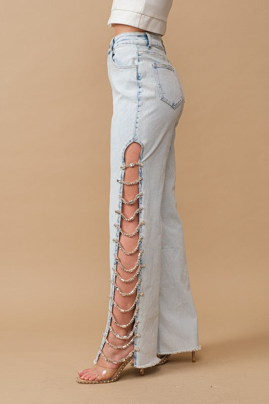 Cut Out At Side w/ Jewel Trim Stretch Denim Jeans