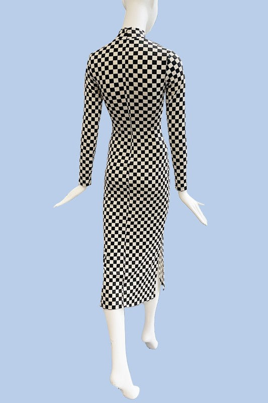 Checkered ribbed mock neck midi dress