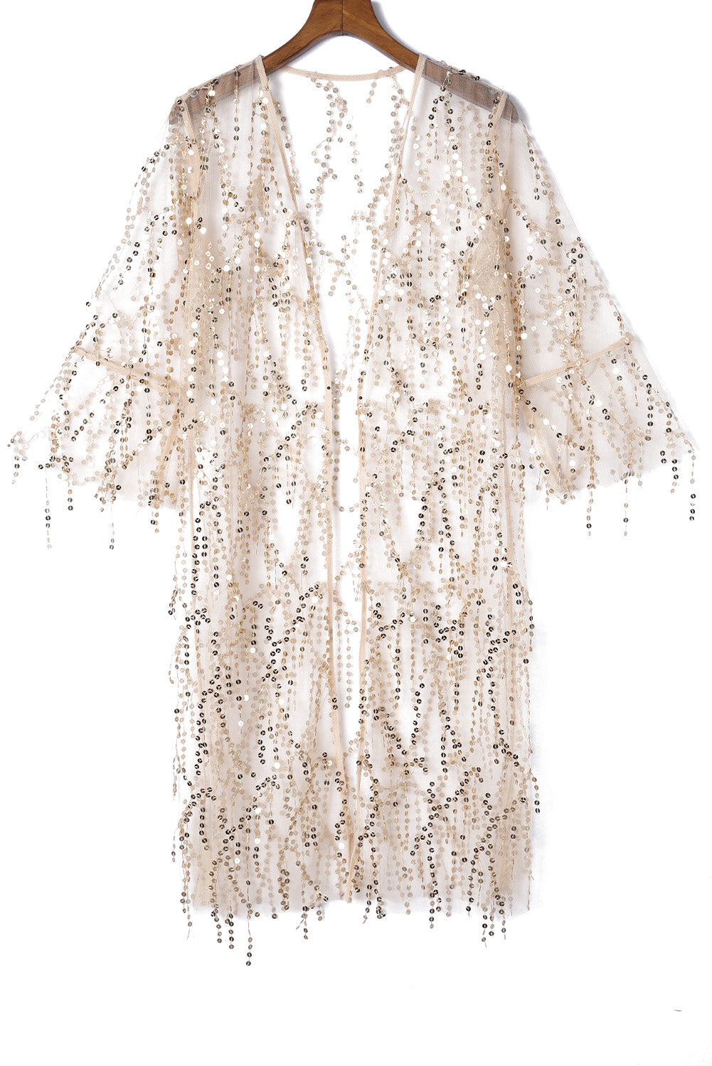 White Sequin Sheer Long Sleeve Open Front Kimono