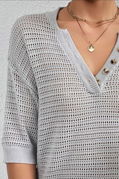 Half Button Dropped Shoulder Knit Top