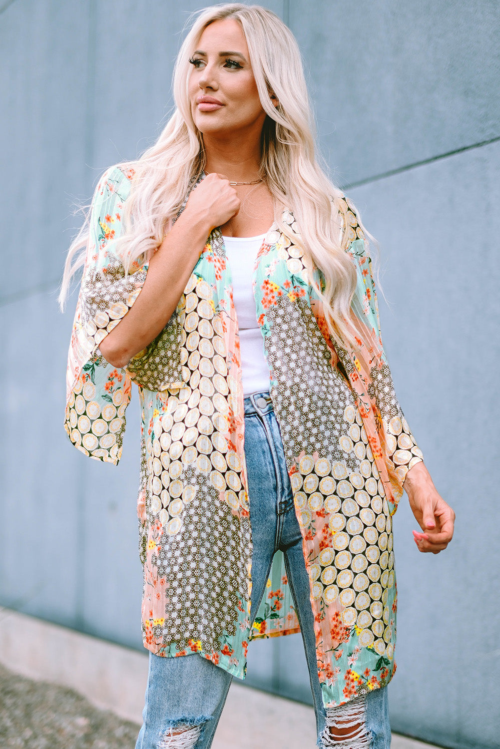 Multicolor Floral Open Sheer Shimmer Kimono