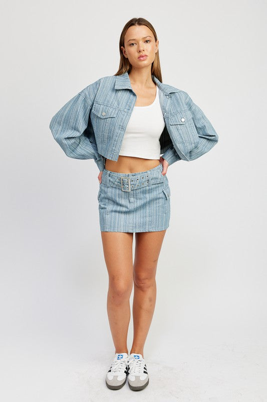 BELTED MINI DENIM SKIRT