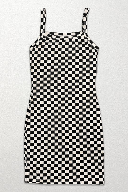 Checkered rib knit tank top dress