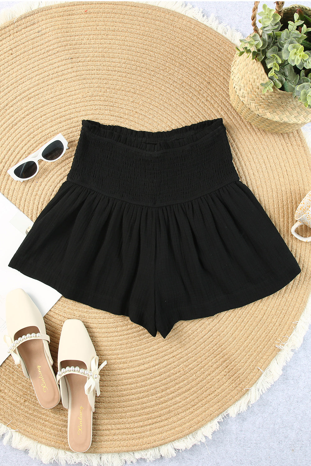 Black Smocked High Waist Ruffle Shorts