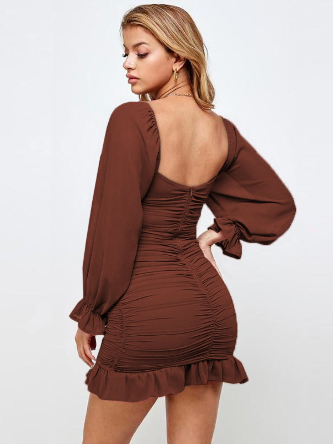 Espresso Ruffled Ruched Flounce Sleeve Mini Dress