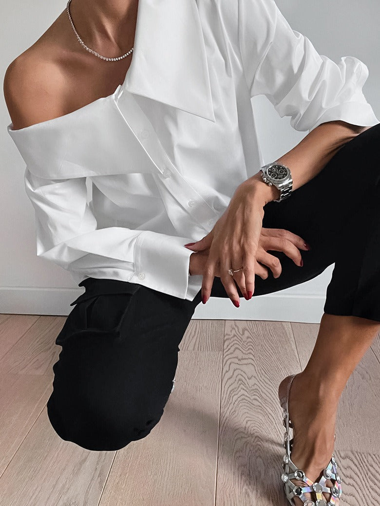 White off-shoulder irregular collar temperament loose shirt