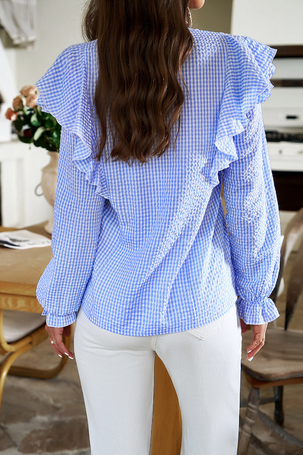 Plaid Notched Flounce Sleeve Shirt