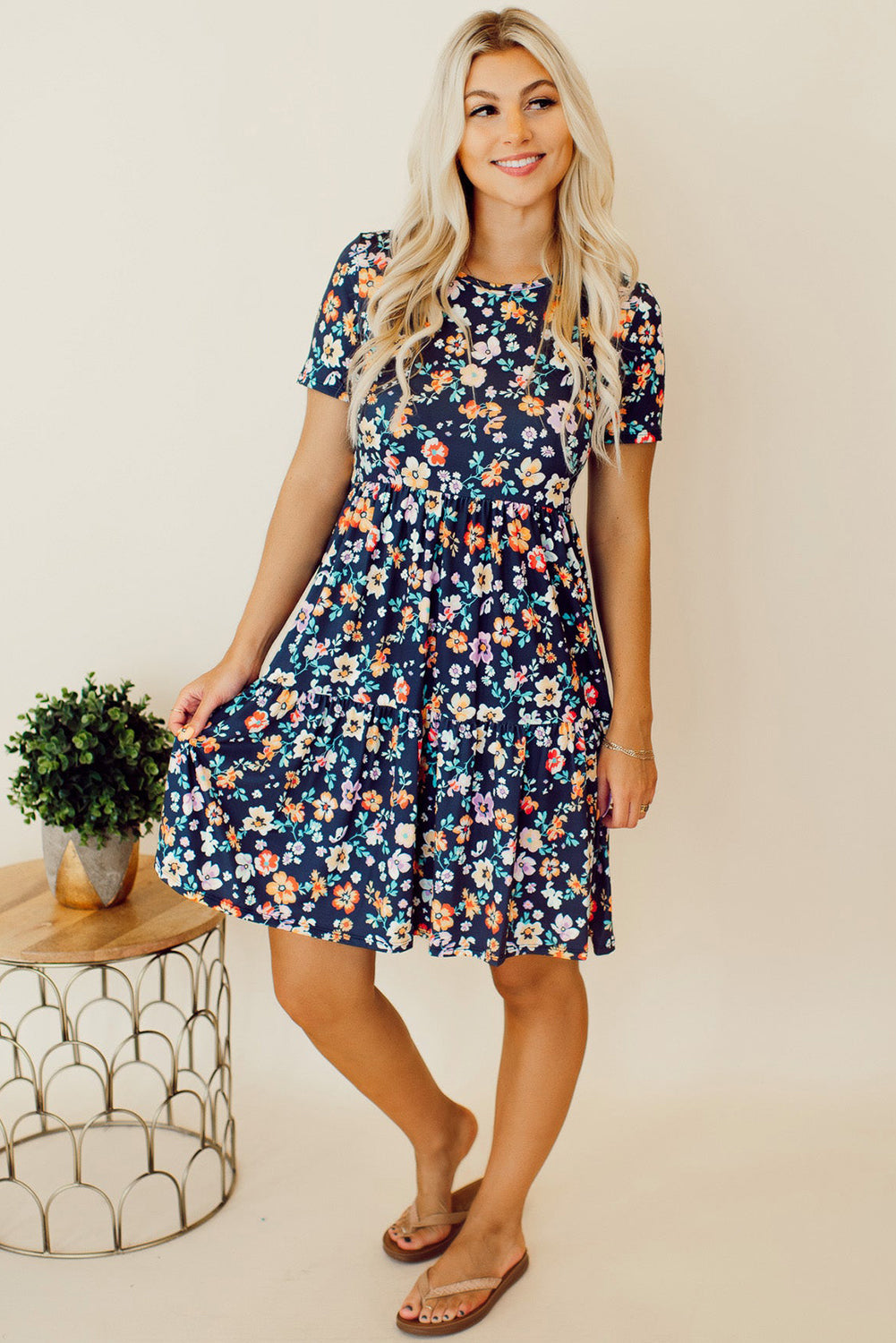 Blue Short Sleeve A-line Floral Dress