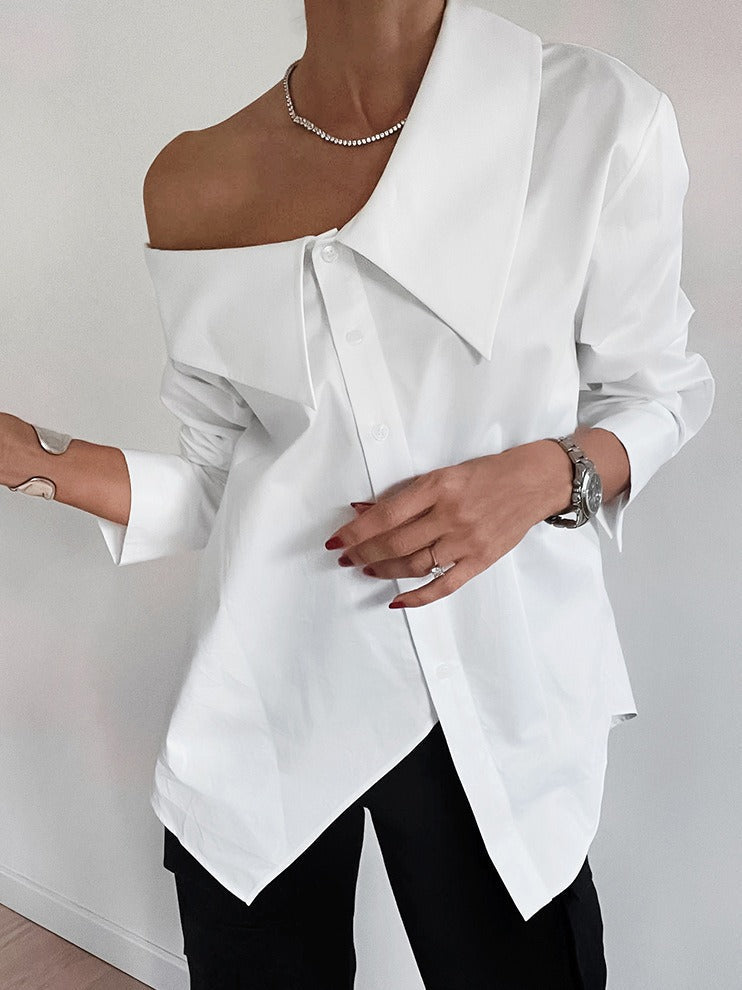 White off-shoulder irregular collar temperament loose shirt