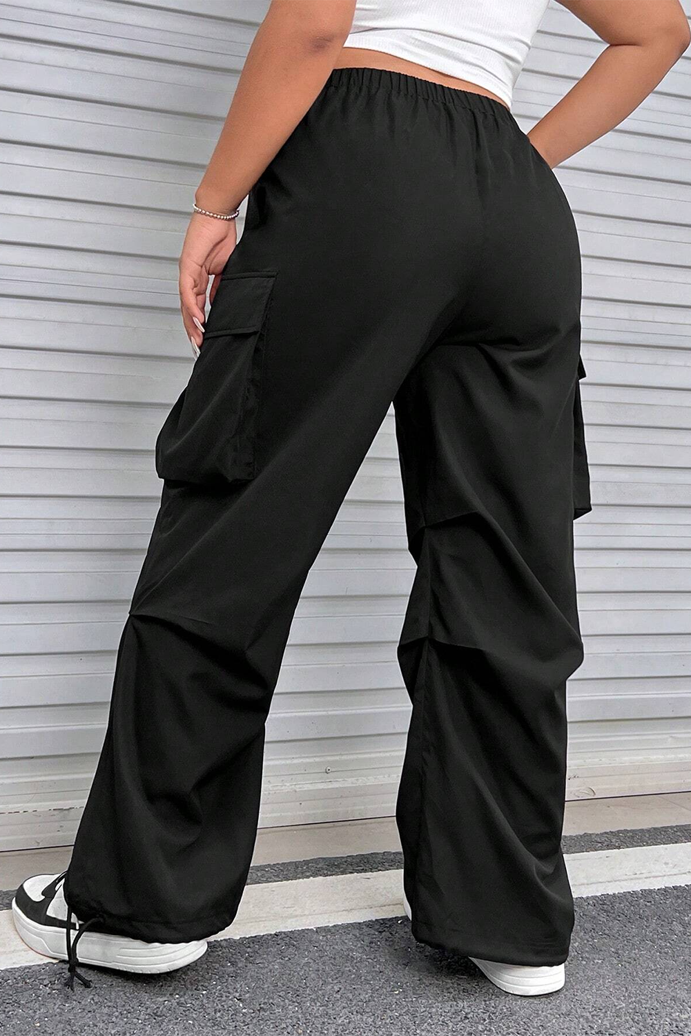 Black Plus Size Flap Pocket Elastic Waist Cargo Pants