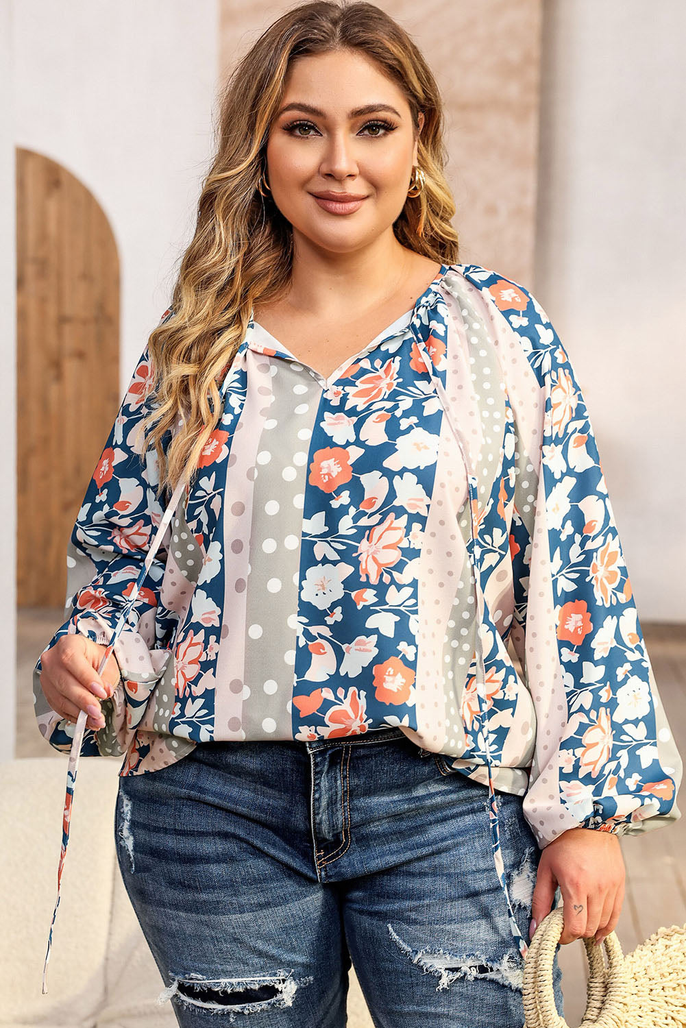 Multicolor Plus Size Mixed Print Split Neck Blouse