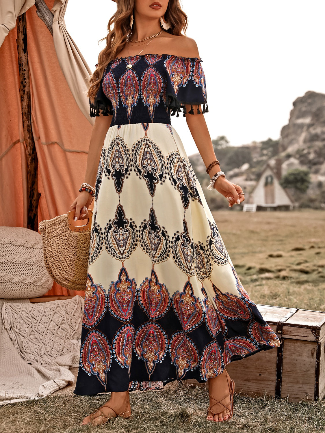 Bohemian Tassel Fringe  Off Shoulder Maxi Dress