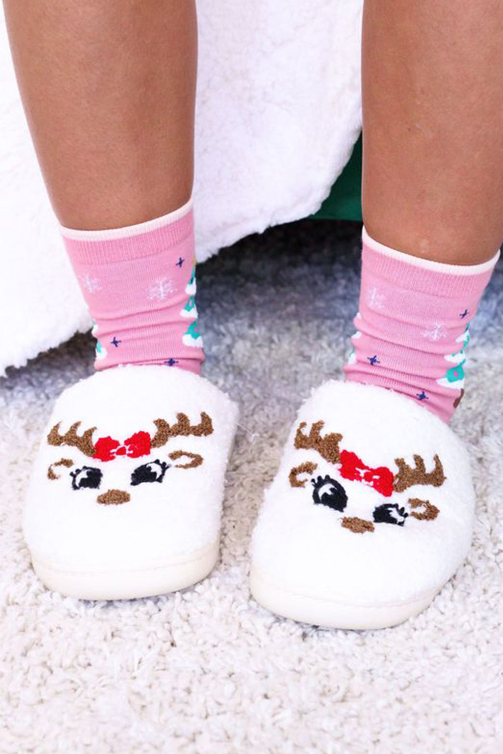 Fuzzy Fluffy Reindeer Plush Slippers