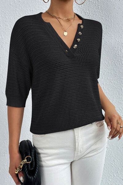 Half Button Dropped Shoulder Knit Top