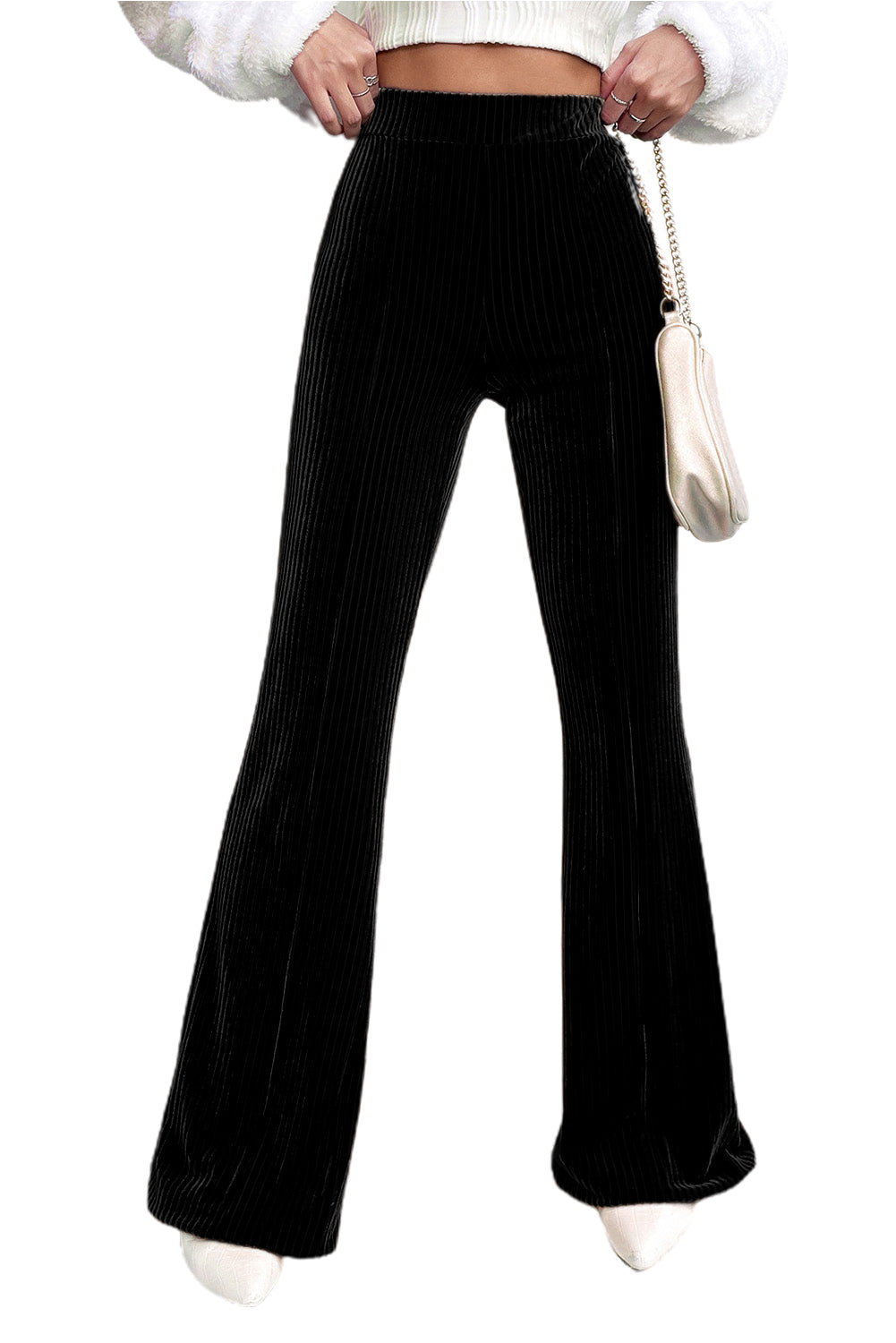 Black Solid Color High Waist Flare Corduroy Pants