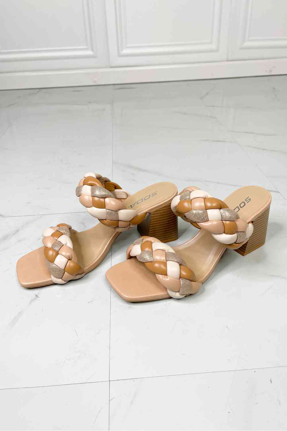 Braided Strap Block Heel Slide Sandal in Nude