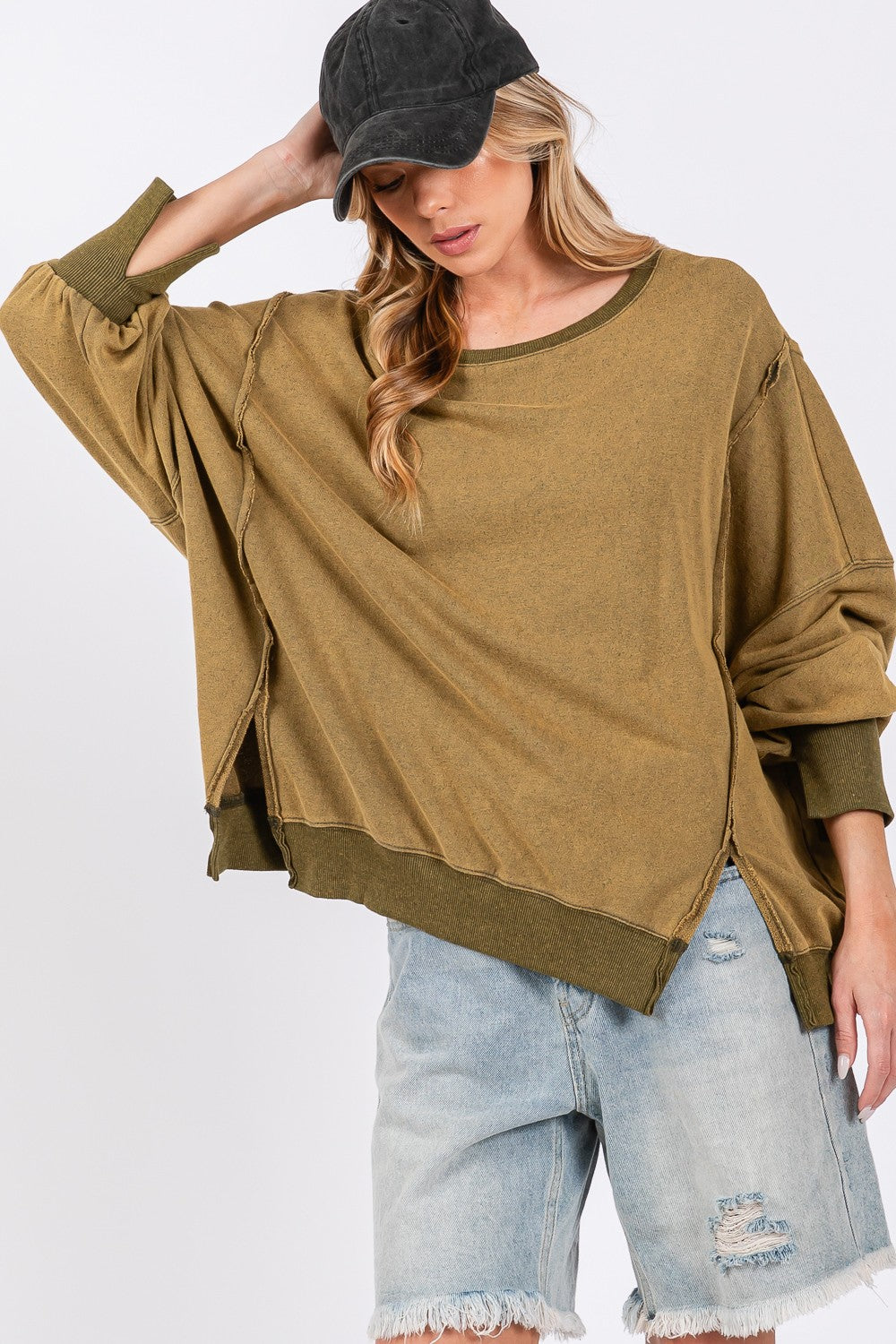 Army Green Slit Oversized Sweatshirt