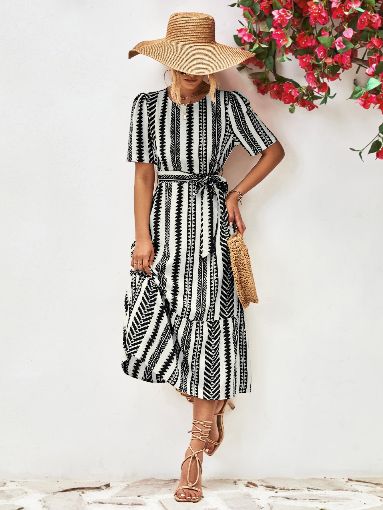 Modest Ivory Gold Striped Tie Belt Midi Drese