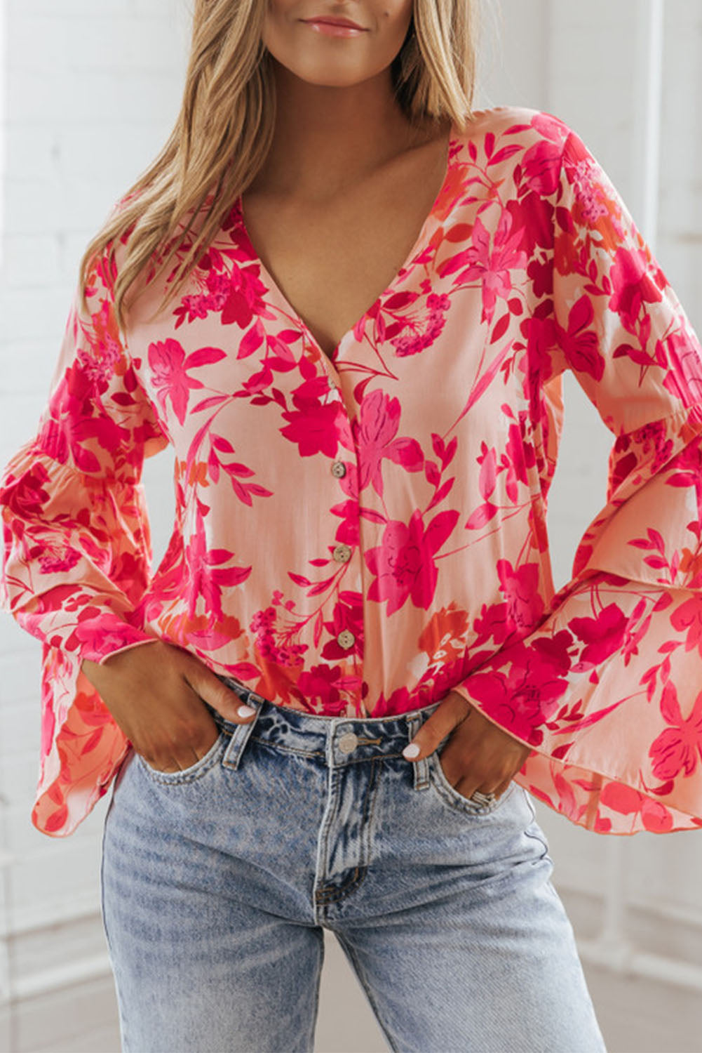 Pink Floral Print Tiered Bell Long Sleeve Buttoned Bodysuit