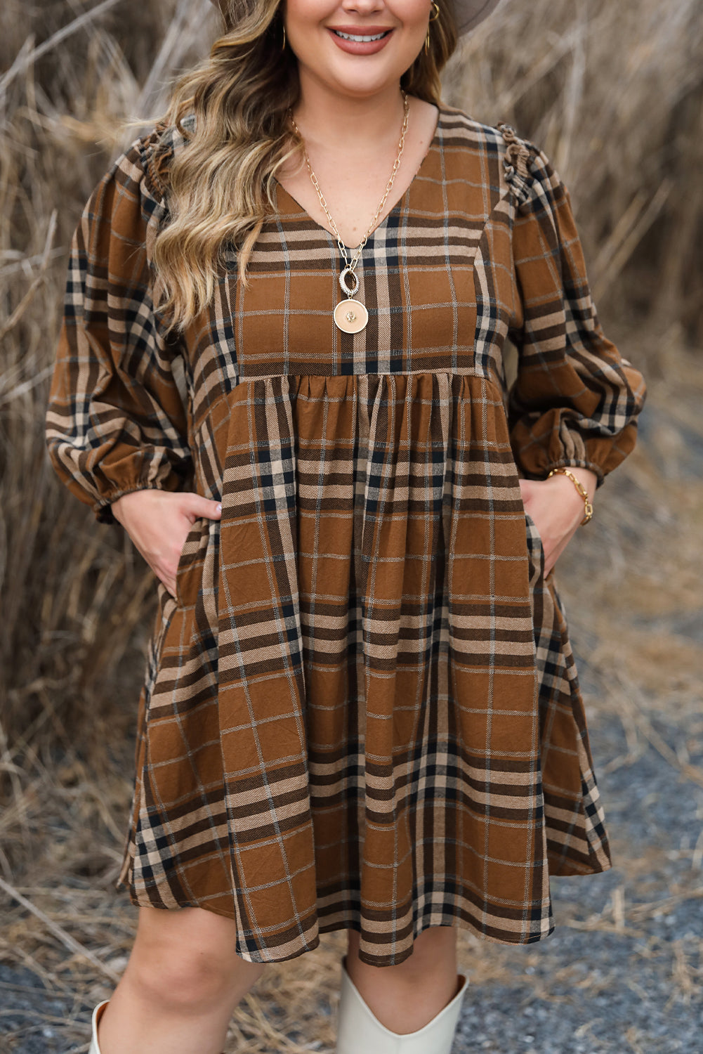 Brown Printed Plaid V Neck Plus Size Babydoll Dress