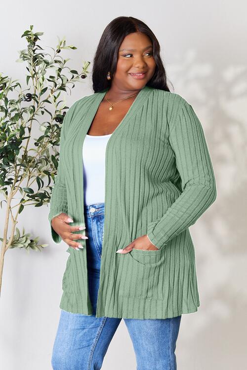 Blue Ribbed Open Front Cardigan with Pockets