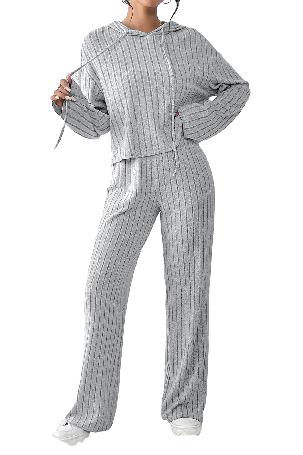 Gray Ribbed Knit Slouchy Hoodie Wide Leg Pants Set