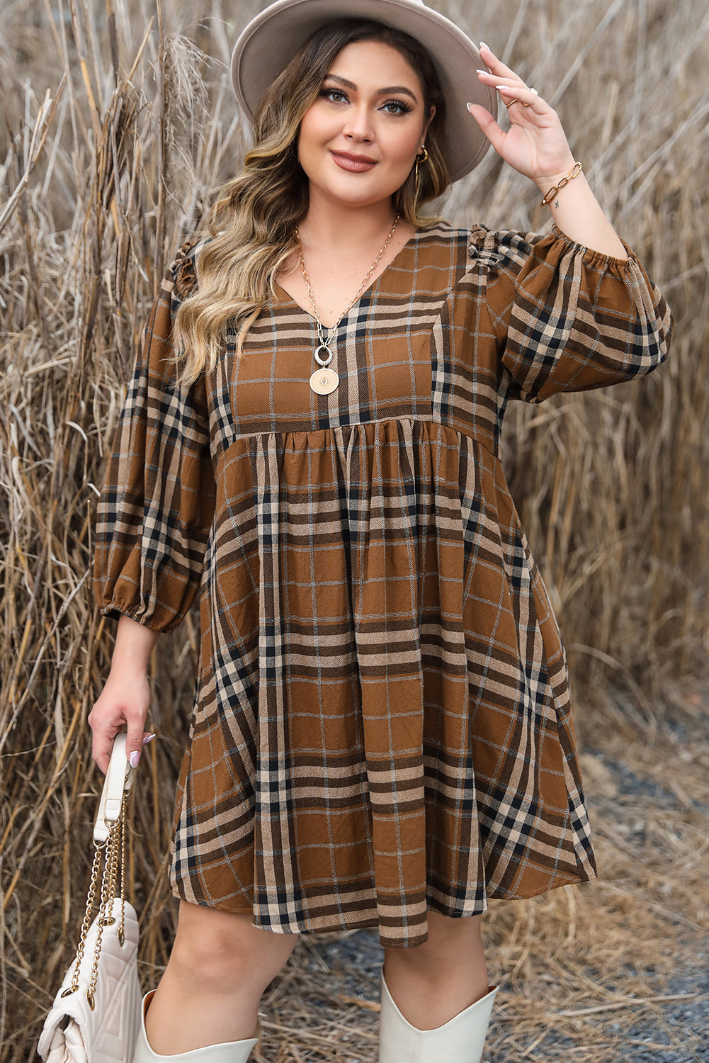 Brown Printed Plaid V Neck Plus Size Babydoll Dress