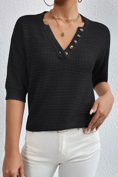 Half Button Dropped Shoulder Knit Top