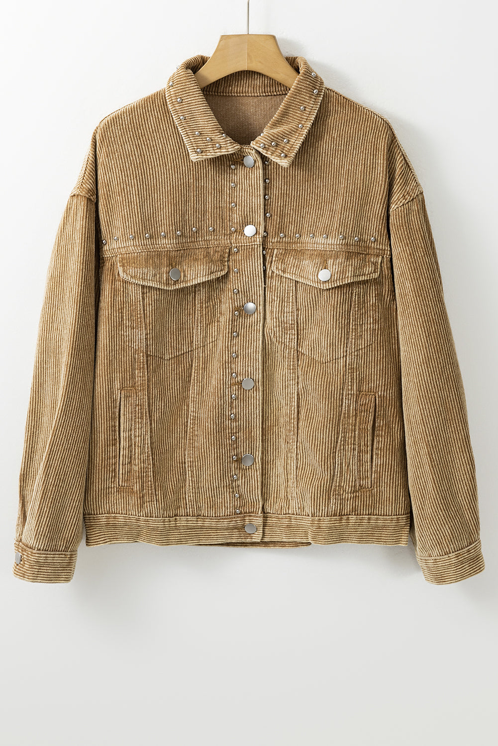 Apricot Studded Buttoned Chest Pockets Corduroy Jacket