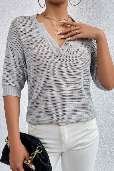 Half Button Dropped Shoulder Knit Top