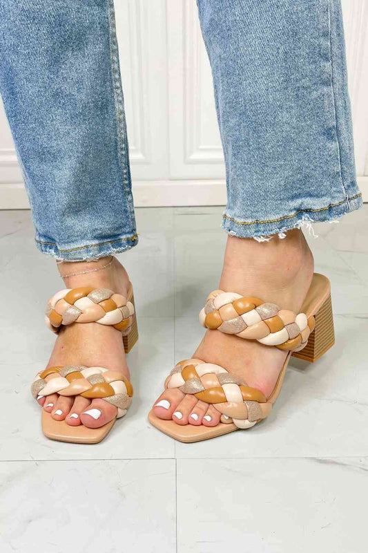 Braided Strap Block Heel Slide Sandal in Nude