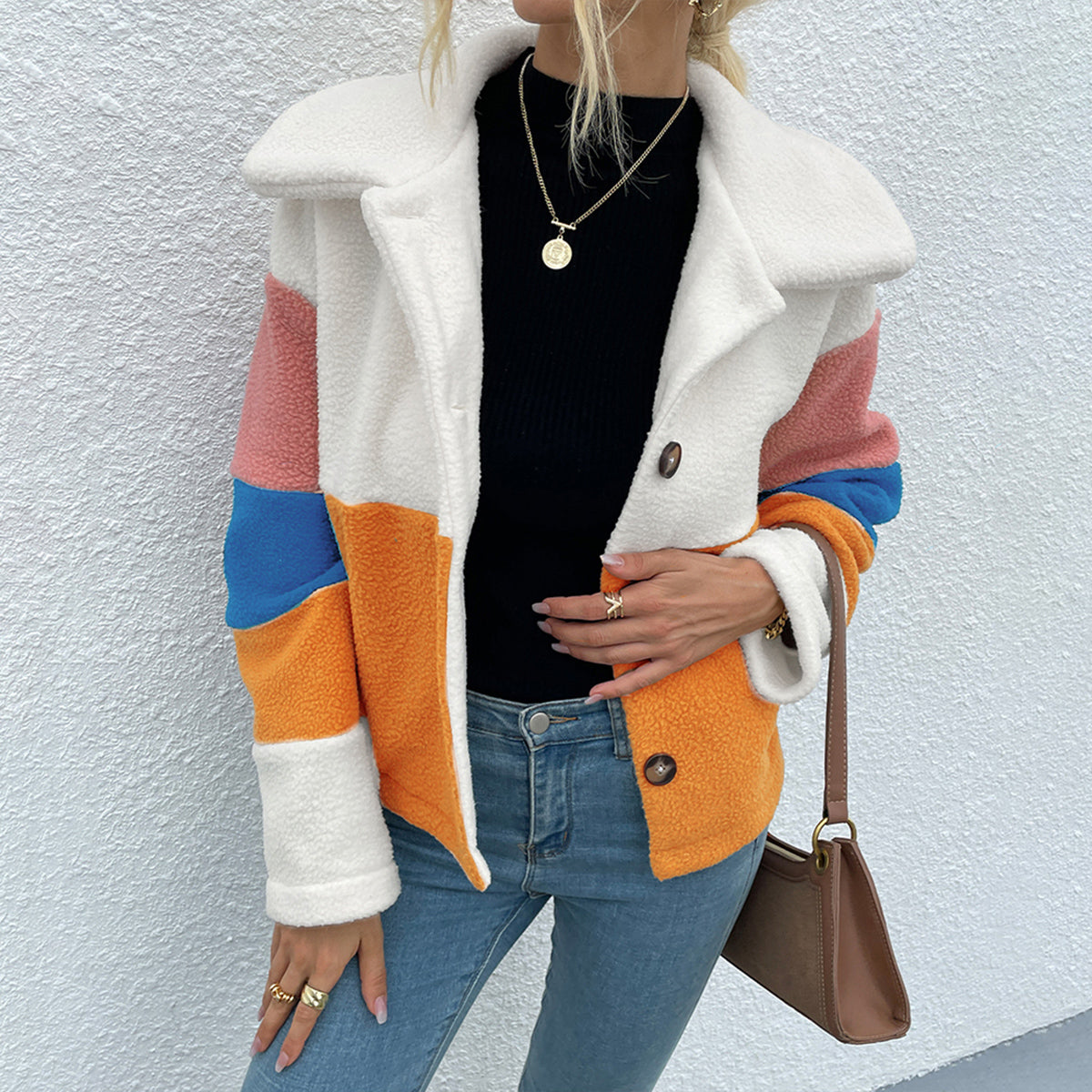 Women's Color Block Button Down Collared Jacket